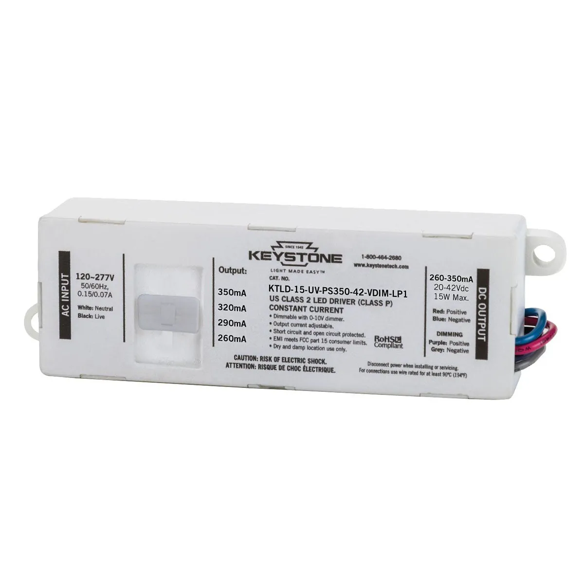 15 Watts LED Driver, Selectable Current 260-350mA, 0-10V Dimming, 120-277V