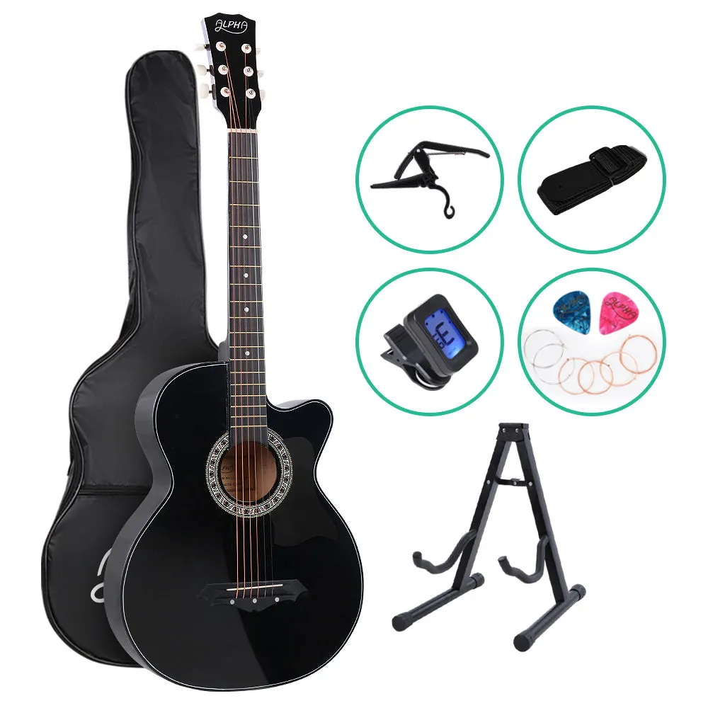 38" Acoustic Cutaway Guitar Set, Steel Strings, Black - Alpha