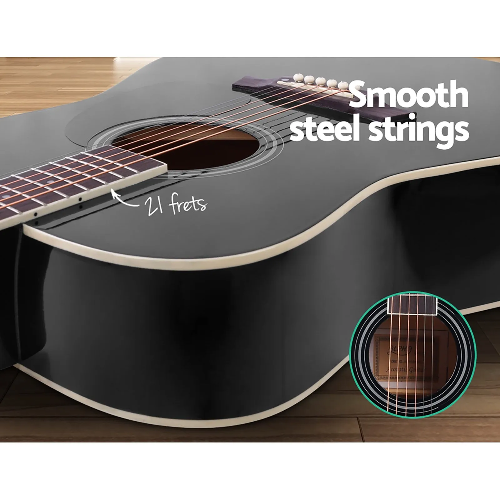 ALPHA 41 Inch Wooden Acoustic Guitar with Accessories set Black