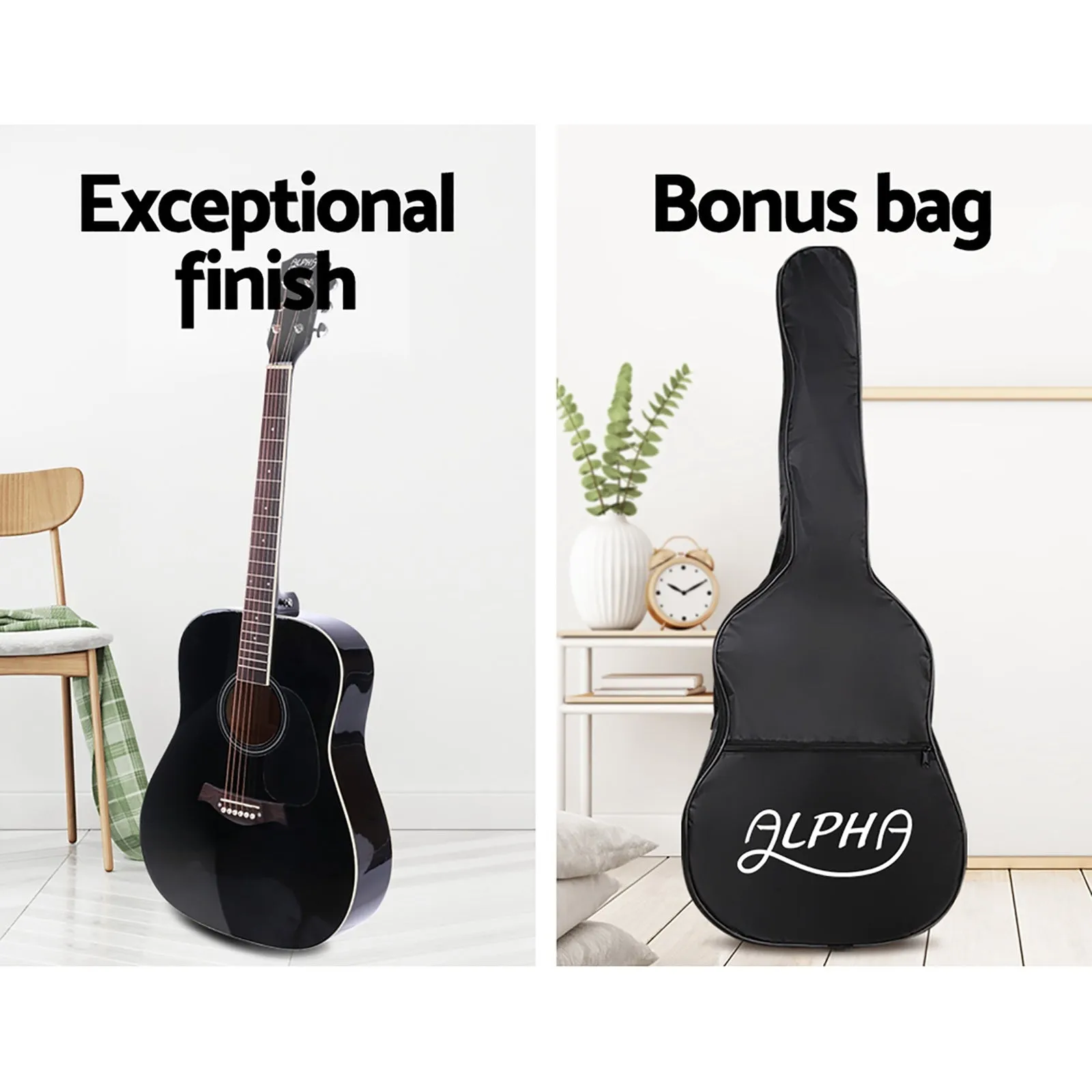 ALPHA 41 Inch Wooden Acoustic Guitar with Accessories set Black