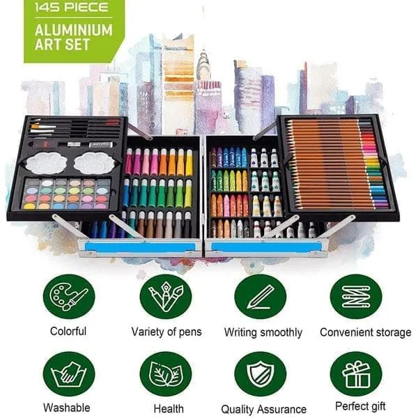 Artek Art Set Gift 145pcs with Portable Aluminum Case Box Professional Artists Drawing Painting Kit for Kids Including Colored Pencils Watercolor Paints (Space Blue)