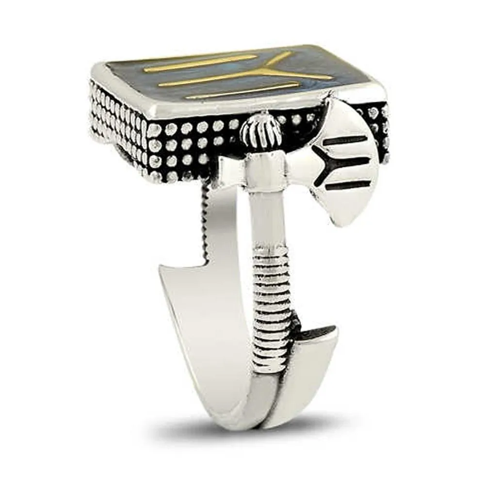 Enameled Kayi Tribe Silver Ring with Axes