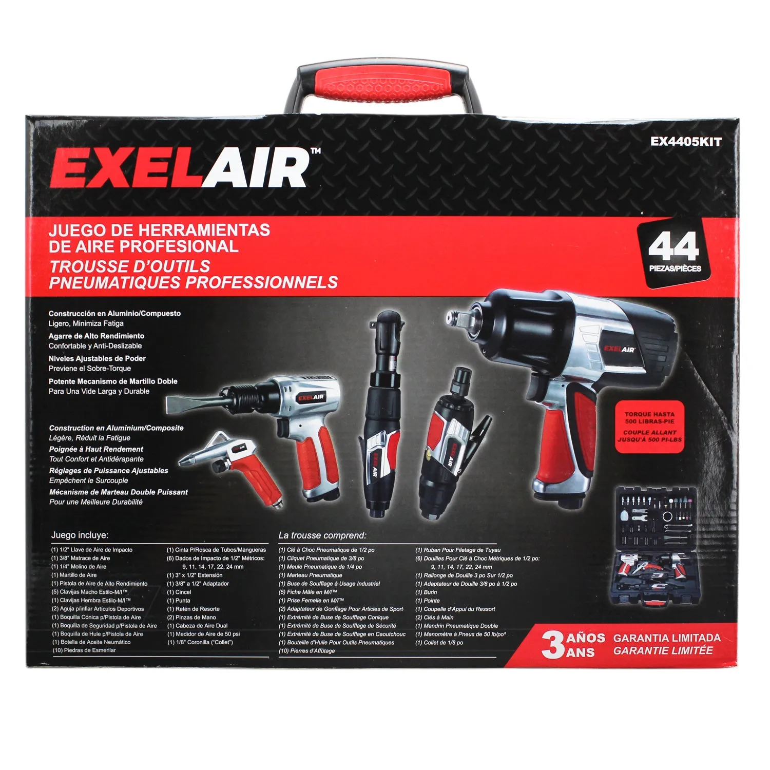 EXELAIR® 44-Pc. Pro Air Tool Accessory Kit, Impact Wrench, Air Ratchet, Die Grinder, Blow Gun, Air Hammer, Dual Air Chuck, Tire Gauge w/ Accessories