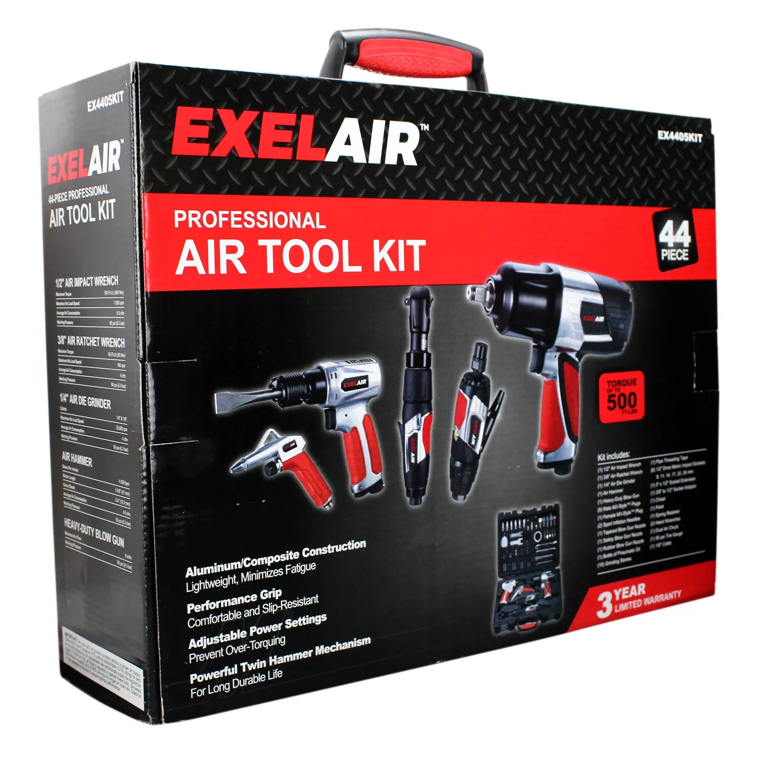 EXELAIR® 44-Pc. Pro Air Tool Accessory Kit, Impact Wrench, Air Ratchet, Die Grinder, Blow Gun, Air Hammer, Dual Air Chuck, Tire Gauge w/ Accessories