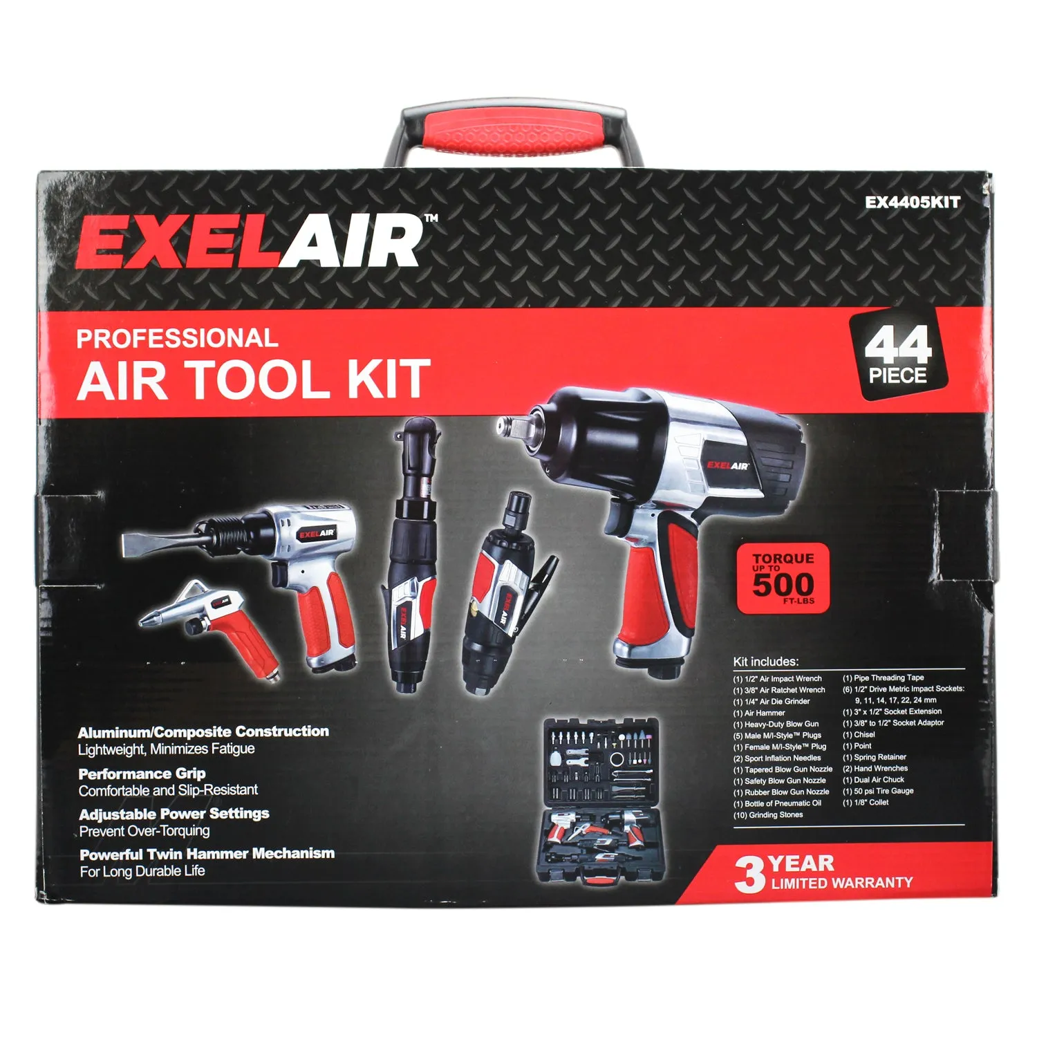 EXELAIR® 44-Pc. Pro Air Tool Accessory Kit, Impact Wrench, Air Ratchet, Die Grinder, Blow Gun, Air Hammer, Dual Air Chuck, Tire Gauge w/ Accessories