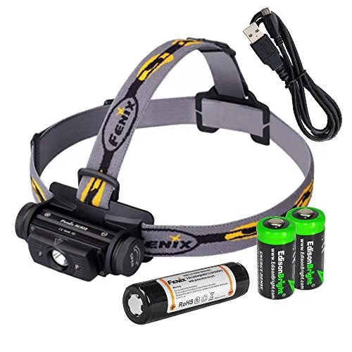 Fenix HL60R 950 Lumen USB rechargeable CREE XM-L2 T6 LED Headlamp, Fenix 18650 rechargeable Li-ion battery with 2 X EdisonBright CR123A back-up batteries bundle