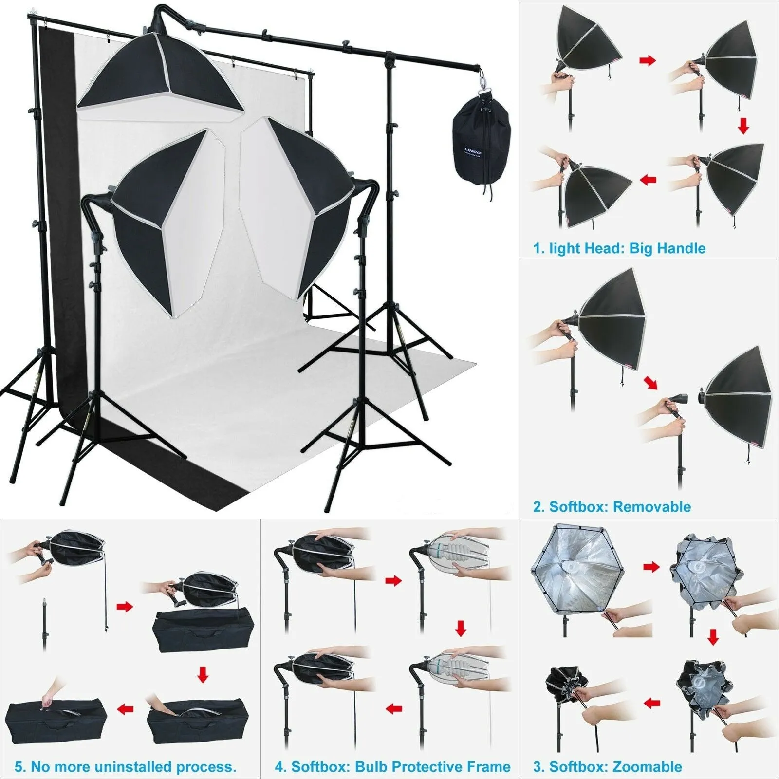 LNCPro™ 77"x120" Adjustable Photography Studio Muslin Background Stand Kit: Morning Glory Softboxes, Backdrop Crossbars